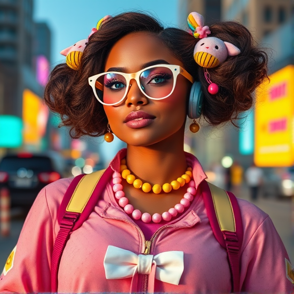 a curvaceous woman with sun-kissed skin radiating exuberance in Decora fashion staples tinted in gentle hues of pink, yellow, and baby blue. Her attire is alive with whimsical motifs complemented by charming kawaii accessories like stuffed toys and oversized bows. Voluminous chestnut locks are tied into spirited space buns embellished with rainbow clips and beads adding to her lively persona. Sparkling blue eyes peek through playful glasses rimmed in sweet shades; her nose adorned with an understated septum ring adds just the right touch of nonconformity. She is the embodiment of joy and innocence which starkly contrasts the mysterious admirer who watches from afar unnoticed.