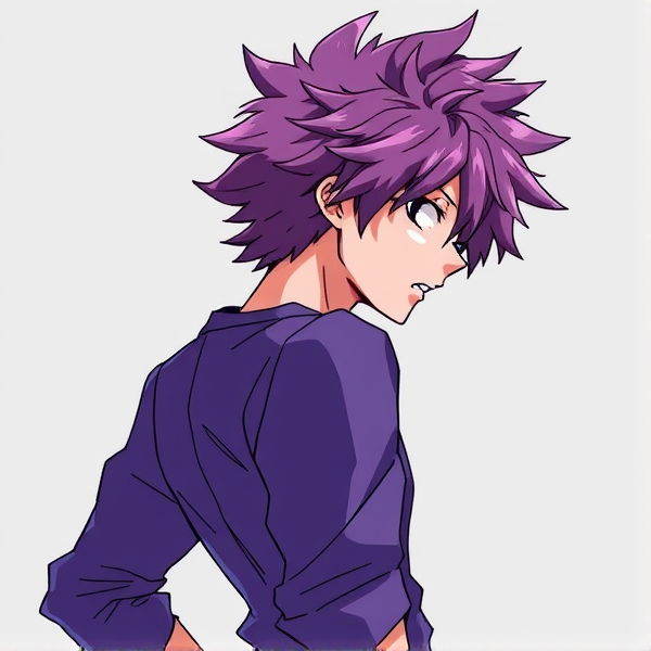 My hero academia oc. Purple fluffy hair. Male. Side view down to waist.