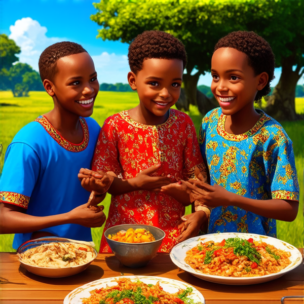 Famille nombreuse souriante réunie autour d'une table rustique en bois garnie de plats traditionnels africains, sous un ciel bleu dans un cadre champêtre avec des arbres et une végétation luxuriante, portant des vêtements africains colorés et variés, échangeant des rires et des conversations chaleureuses
