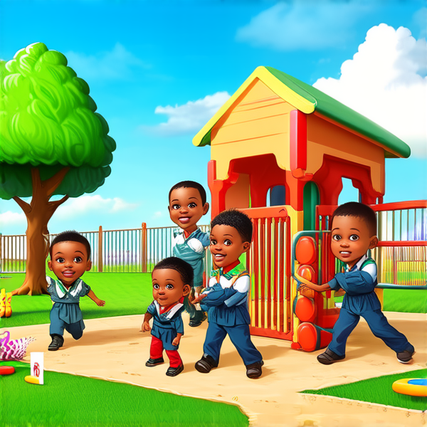 école primaire africaine animée, enfants noirs souriants en uniforme, bâtiment coloré, cours de récréation vivante avec des jeux traditionnels, arbre ombrageux, ciel bleu clair en journée