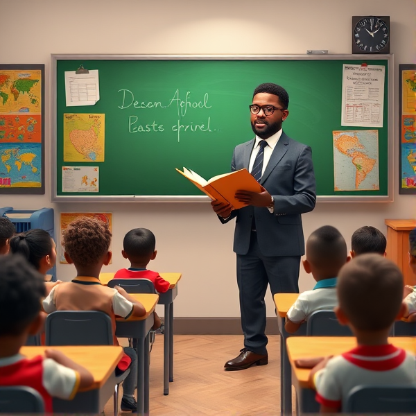 Directeur d'école afro-américain debout tenant un classeur ouvert dans ses mains portant un costume formel, dans une salle de classe avec un tableau vert, s'adressant  à un groupe d'élèves afro-américaines attentives de huit ans assises à leurs pupitres. Ils sont entourés de matériel pédagogique adapté à leur âge, comme des cartes géographiques, des affiches éducatives et des dessins d'enfants accrochés aux murs. La scène dégage une atmosphère chaleureuse et encourageante.