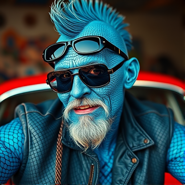 Cool old blues singer with blue lizard scales for skin. Aviator glasses, mohawk and goatee. Posing on an eh Holden for magazine cover