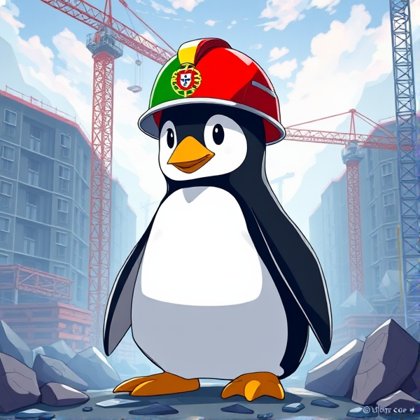 Pingouin dans un chantier avec le drapeau Portugais sur le casque