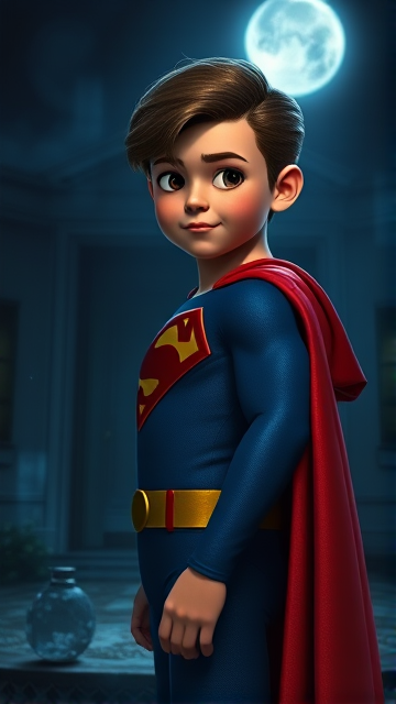 1990's Movie Scene: Jon Kent, AKA Superboy, the young little 12-year old super son of Superman, and the first kid to be born as the world's first Half-Kryptonian child, with an extremely muscular body, the iconic costume, the singular curled bang sticking out at the front of his flat and smooth hair, and a long cape, standing in an abandoned house at night, looking for clues to the mystery he is trying to solve.
