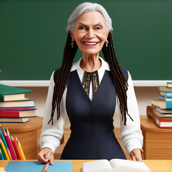 Une vieille  institutrice avec des tresses africaines traditionnelles, vêtue d'un uniforme se tient debout devant un tableau noir dans une salle de classe lumineuse et bien rangée, souriante et prête à enseigner. Elle est entourée d'élèves noirs âgés de 10 ans et de fournitures scolaires typiques comme des livres, des cahiers et des crayons, accentuant son rôle d'éducatrice.