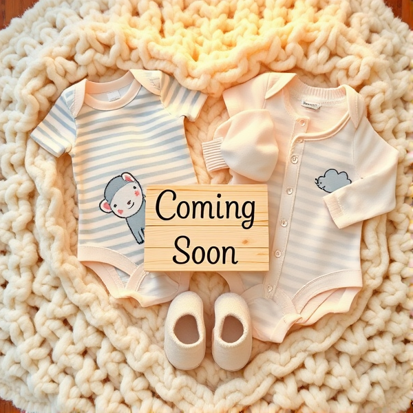 Close-up of a heart-shaped arrangement of various baby garments, such as onesies, bibs, and booties, on a plush woolen blanket. The palette features soft pastel hues adorned with playful patterns like stripes and polka dots. Each piece is embellished with gender-neutral motifs including animals and clouds. At the heart's center lies a petite wooden placard inscribed with "Coming Soon" in whimsical black script, all set against a warm, softly illuminated backdrop to evoke a sense of comfort and anticipation.