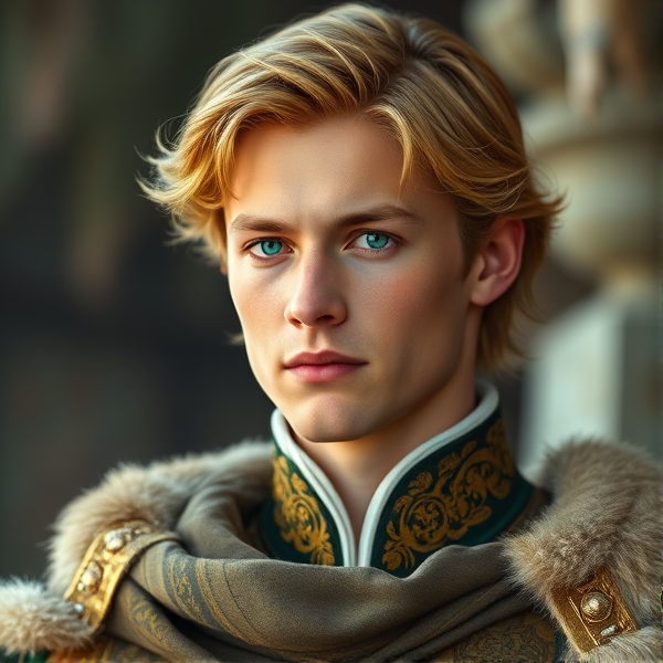 19 year old prince with golden hair, sharp facial features, and emerald eyes. He lives in Norway. He wears regal clothes. He has a stern facial expression