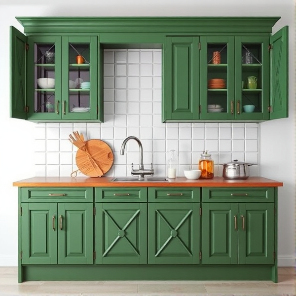 A green kitchen cabinet that opens like an accordion two ways and has a wooden X and black wire so you can see through