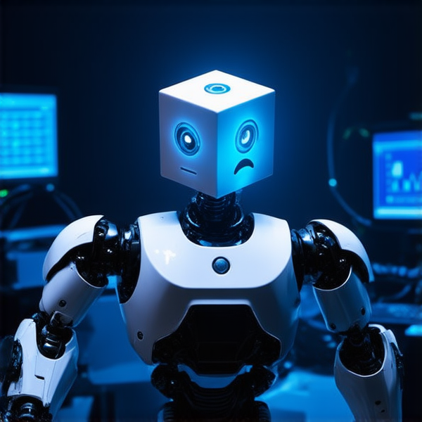 Un robot avec un visage humain affichant une expression de surprise stupéfaite, tenant dans sa main droite un cube lumineux sur lequel des équations de machine learning sont constamment en mouvement comme si elles étaient vivantes. Le robot se trouve dans un laboratoire moderne plein d'écrans montrant des graphiques complexes et des données en 3D, avec des câbles et des équipements de calcul avancés dispersés autour. Style réaliste aux couleurs vives, éclairage dynamique accentuant l'émerveillement du robot, angle de vue en plongée pour capturer la scène dans son intégralité