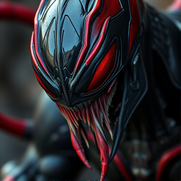 Symbiote noir et rouge avec des textures détaillées et des reflets métalliques, aspect sinistre et réaliste