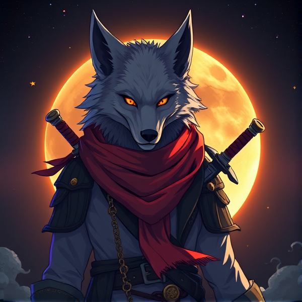 Loup roublard maitre de l'éclipse lunaire et avec un écharpe rouge autours du cou et avec deux épées dans le dos et avec une tenue de pirate