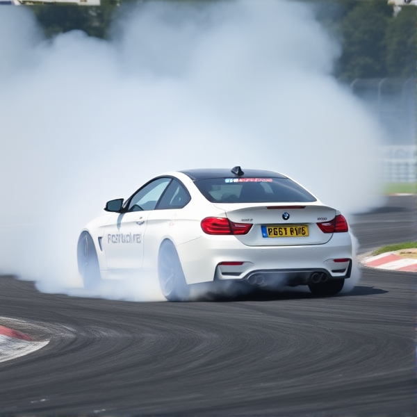 BMW M4 in a dynamic drift on an asphalt track with billowing tire smoke, aggressive stance, high speed action captured, detailed car livery showcasing sponsor logos, racing environment with trackside details like barriers and cones