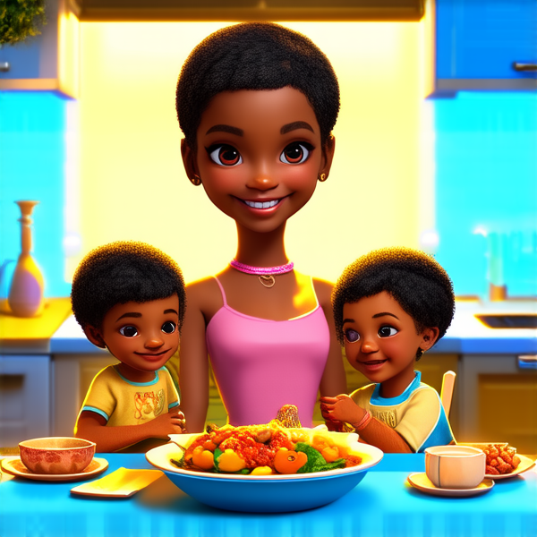 famille afro-américaine heureuse et souriante, assise autour d'une table bien dressée avec un repas copieux, dans une cuisine lumineuse et moderne