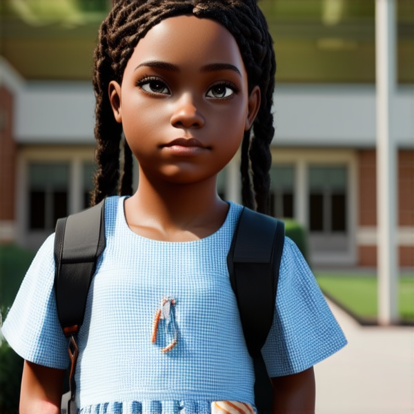 jolie petite fille noire de 8ans en robe avec des tresses africaines avec un sac à dos devant l'école