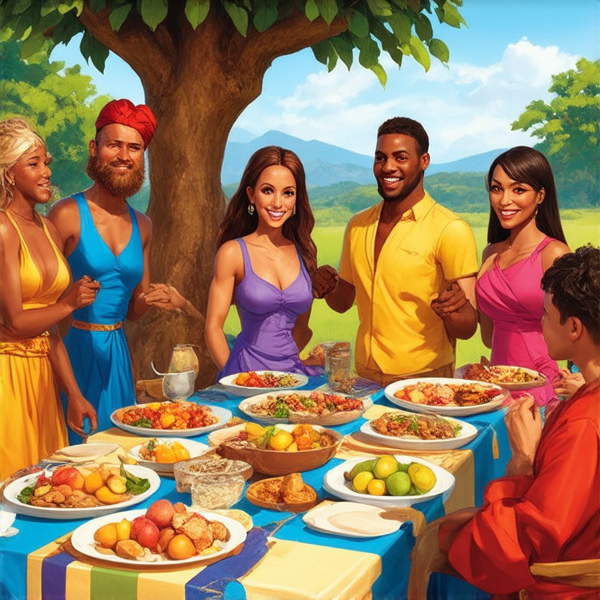prompt: Un grand repas de famille traditionnel en plein air sous un baobab en Afrique, avec des plats locaux colorés et variés, des fruits exotiques, une grande nappe colorée, des hommes et femmes africains vêtus de tenues traditionnelles multicolores souriants et partageant un moment convivial