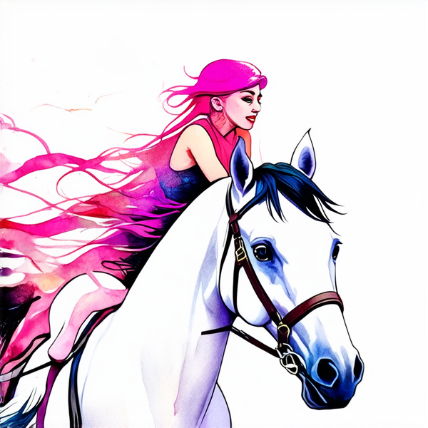 Aquarelle dynamique et détaillée : Femme avec des cheveux rose fuchsia au galop sur un cheval blanc
