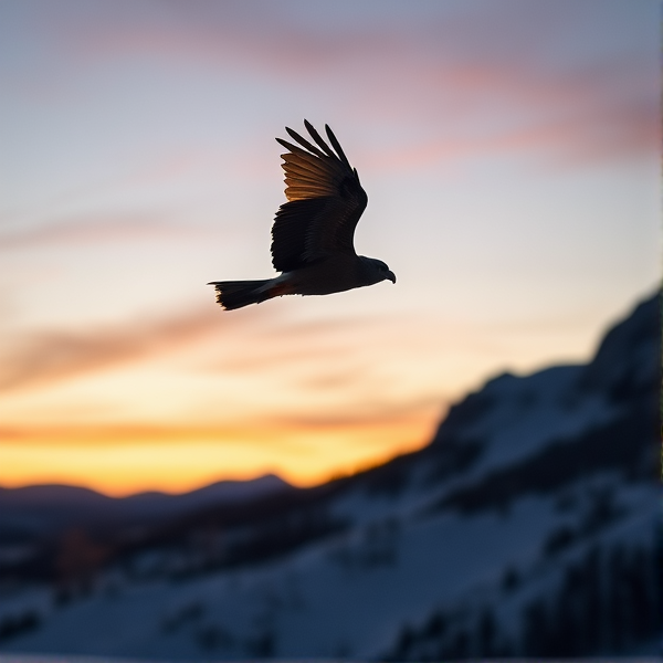 Sopwith camel flying low over snowy mountains at twilight with vapour from the engine