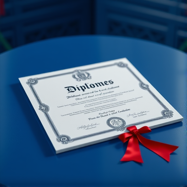 Diplôme écrit en français posé sur une table  bleue