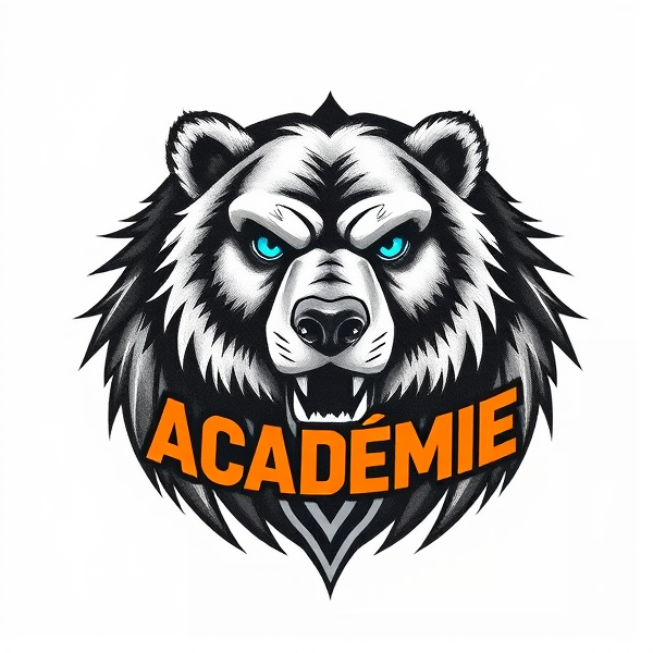 Conception avancée d'un logo circulaire dynamique pour 'Tilt Académie', une équipe de football. Le design doit présenter au centre un grizzly féroce et imposant, avec des muscles bien définis et saillants qui soulignent sa puissance. Ses yeux bleu pâle doivent être expressifs et perçants, reflétant la férocité avec une brillance vive. Le pelage du grizzly doit être rendu avec des textures réalistes et des ombres profondes pour créer un effet tridimensionnel frappant. Utilisez une palette de couleurs vives avec du orange éclatant et du noir en contraste pour capter l'attention et souligner le dynamisme de l'équipe. Autour du grizzly, intégrez des motifs graphiques tels que des éclairs ou des lignes ondulées qui évoquent le mouvement et l'énergie, symbolisant la rapidité et la force propres au football. Inclure le nom de l'équipe 'Tilt Académie' en lettres audacieuses et en relief qui semblent jaillir vers le spectateur, dans un style moderne adapté à la forme circulaire du logo tout en maintenant un équilibre visuel harmonieux.