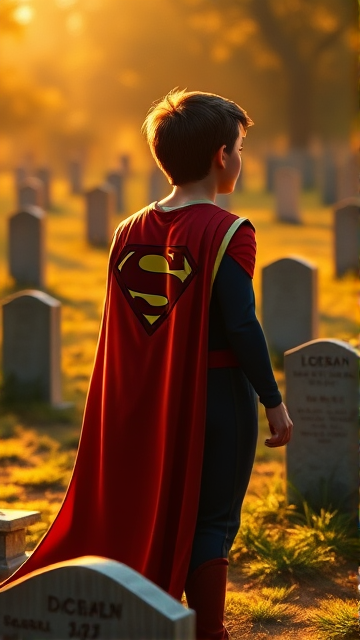 1990's Movie Scene: Jon Kent, AKA Superboy, the young little 12-year old super son of Superman, and the first kid to be born as the world's first Half-Kryptonian child, with an extremely muscular body, the iconic costume, the singular curled bang sticking out at the front of his flat and smooth hair, and a long cape, standing in a graveyard, visiting the grave of his legendary, deceased father, and promises to take his place in the world and carry on his legacy through himself.