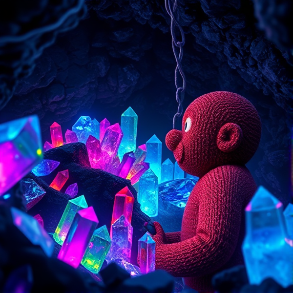 Colorful magical crystals in a mine with a ginger man admiring them