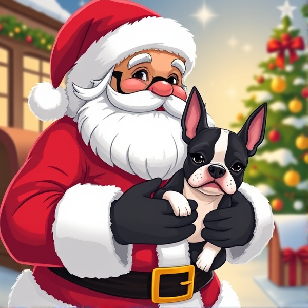 Cartoon Santa holding a Boston terrier puppy with a Christmas background scene