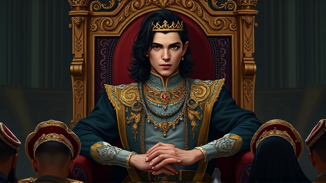 A regal young man personifying the sin of vanity sits upon an ornate throne, his long, raven-black hair cascading over his shoulders. His eyes are a striking emerald green, exuding a piercing gaze that reflects his self-absorption. His expression is one of sheer arrogance and pride. He wears a majestic king's garb resplendent with jewels and gold embroidery, radiating opulence and authority. Peasants kneel subserviently at his feet, their heads bowed in deference to his grandeur. The scene is timeless, echoing the splendor of an ancient royal court
