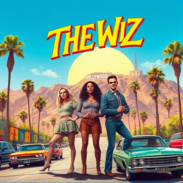 Design a vibrant and retro-style movie poster for "THE WIZ", capturing the essence of 1970s Los Angeles with its iconic palm trees, vintage cars, and landmarks like the Hollywood Sign. Incorporate elements of funk and soul in the aesthetic, reflecting the musical's energy. Feature the main characters in groovy 70s attire relevant to LA's fashion scene, posing dynamically against a backdrop of a sun-soaked urban landscape with clear blue skies. The title "THE WIZ" should be prominent in bold, psychedelic font synonymous with the era.