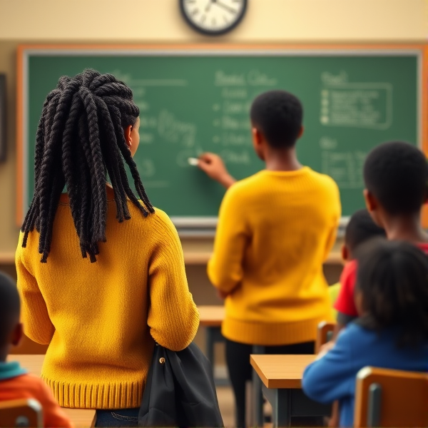 Une enseignante noire âgée de quarante ans coiffée de tresses africaines traditionnelles, portant un pull jaune  se tient le dos tourné en train d'y écrire à la craie blanche au tableau dans une salle de classe avec des élèves noires agés de huit ans.