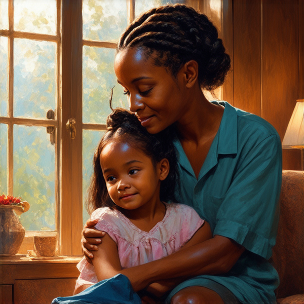 An 8-year-old African girl with intricate traditional braided hair, sitting comfortably on her mother's lap, both exuding a warm and nurturing atmosphere. The mother is depicted as loving and protective, embracing her daughter in a cozy, homelike setting and there are his father also with her