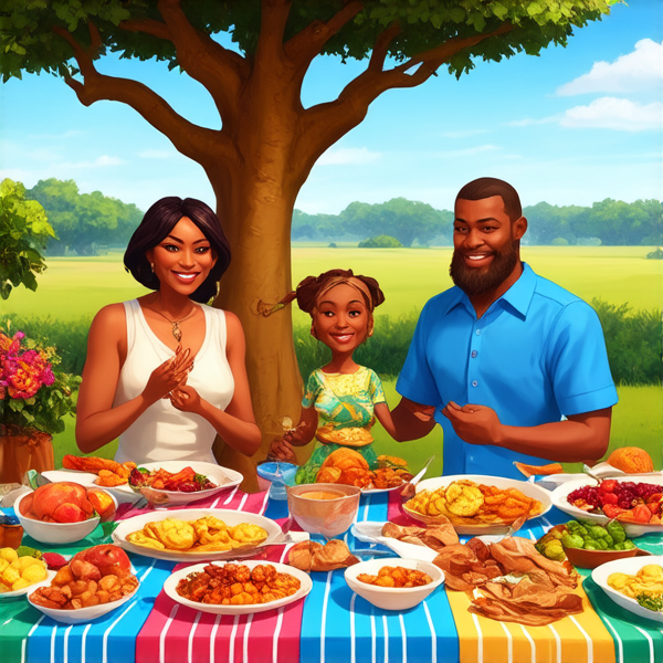 prompt: Un grand repas de famille traditionnel en plein air sous un baobab en Afrique, avec des plats locaux colorés et variés, des fruits exotiques, une grande nappe colorée, des hommes et femmes africains vêtus de tenues traditionnelles multicolores souriants et partageant un moment convivial