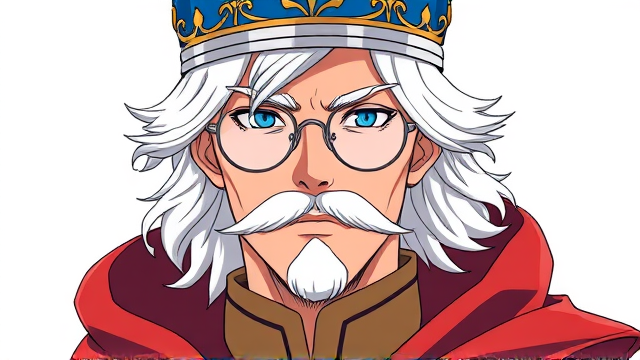 Male tan skin color with white long wavy middle part hair white mustache with chin stub, silver glasses, silver and blue crown, red royal cape, tan ranger uniform slightly visible under cape.
