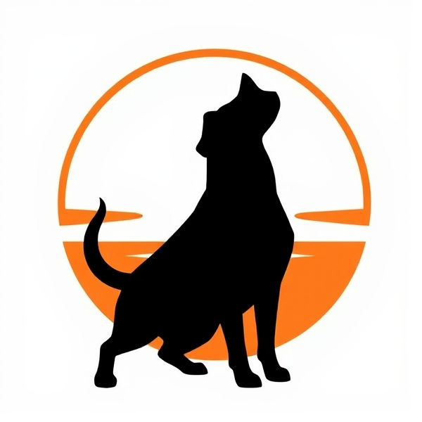 crée moi un logo avec une silhouette de chien sans poils, devant un soleil stylisé