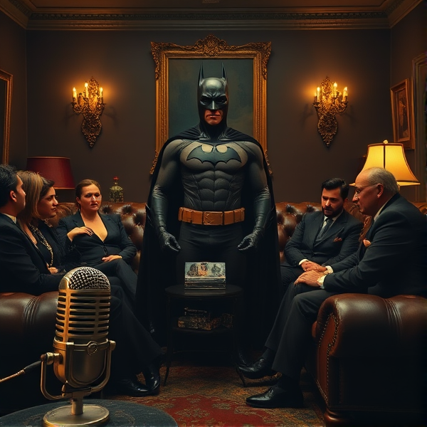 Dans un salon londonien typique des années 80, Batman se tient debout, imposant, face à un groupe de personnages élégamment vêtus en pleine discussion animée. Ils sont assis sur des canapés Chesterfield en cuir brun foncé. L'ambiance est sombre et mystérieuse, mais soigneusement éclairée par des appliques murales victoriennes qui projettent une lumière chaude et dorée. À ses côtés, Catwoman, élégante et fatale dans sa combinaison noire moulante, l'observe attentivement, ajoutant à la tension dramatique de la scène. Les détails de l'époque comme les bibelots vintage et les cadres dorés ornés sont visibles dans le décor un micro dans un ring avec une inscription qui est  mise en évidence avec la mention  baba Ali radio