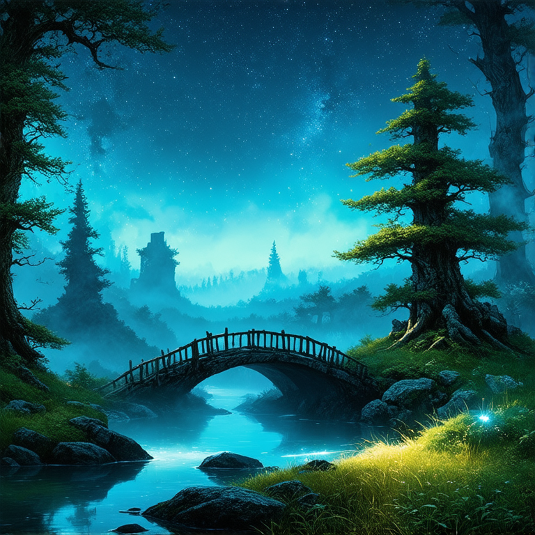 A serene forest illuminated by bioluminescent plants and glowing fungi, beneath a starry sky. Fireflies add a magical touch, casting soft glows around. A crystal-clear river winds through, reflecting the light with a sparkling effect. A wooden bridge arches over the river, covered in moss and ivy. In the distance, ancient stone ruins peek through the trees, hinting at an old civilization. The scene is enveloped in mist that gives it an ethereal feel.