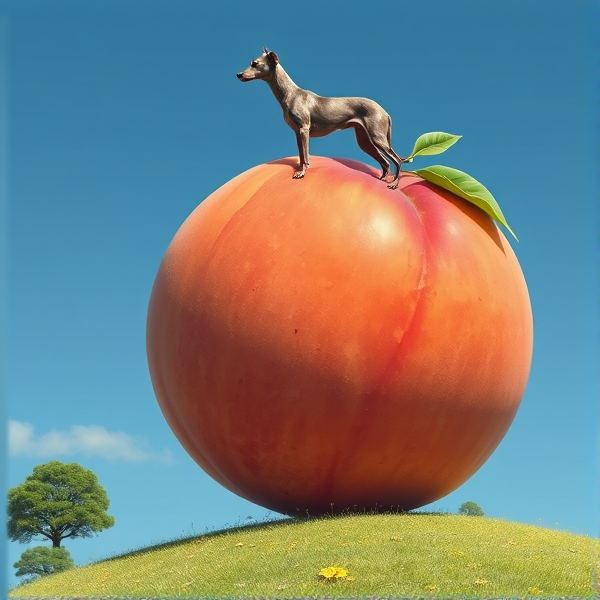 Enormous ripe peach dominating the landscape with a sleek Italian greyhound perched on top, set against a clear blue sky