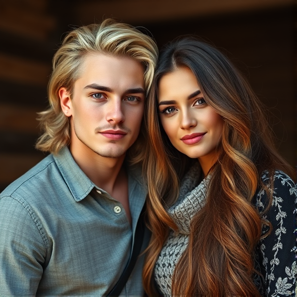 Young Long blonde haired man and brunette woman couple