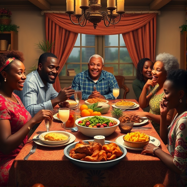 A lively African American family gathering around a richly adorned dinner table, sharing a traditional soul food meal with dishes such as fried chicken, collard greens, macaroni and cheese, cornbread, and sweet potato pie, all set in a warm and inviting dining room filled with laughter and storytelling