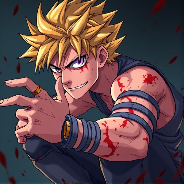 Create a highly detailed image in the style of "My Hero Academia" featuring an original male character around 15 years old, who exudes a palpable sense of malevolence. He should have vibrant, spiky, jagged blonde hair that embodies his evil nature. His piercing purple eyes should radiate malicious intent, set in an expression twisted into a sinister sneer as he stares intently at something off-frame. The character's costume is distinctively villainous and sleeveless to display numerous battle scars and tightly wrapped straps on each bicep. The costume should be form-fitting to emphasize his physique. Capture him in a dynamic side-view pose, crouched low with knees bent and reaching out with one hand as though about to seize or touch something unseen. Blood splatters cover him, suggesting recent combat, further enhancing his threatening aura. The perspective is from the side, showcasing him looking upward and forward with intensity.
