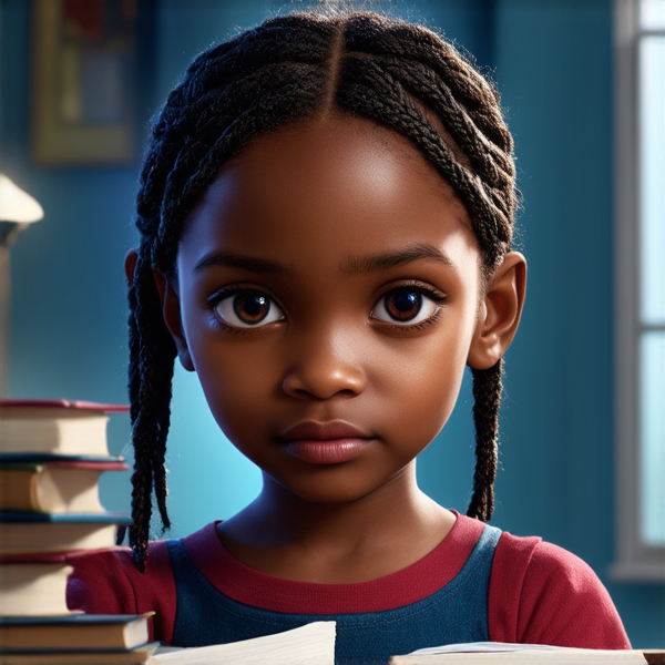 A young 8-year-old African girl with intricately braided hair deeply engrossed in her studies, surrounded by books and educational materials, her expression showing concentration and determination