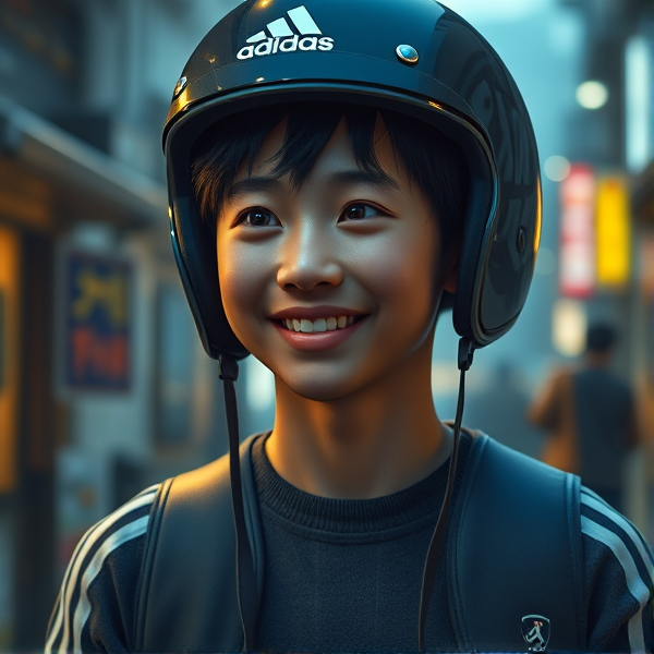 Adolescent japonais accroupis avec casquette adidas et longue cravate rayée, il regarde avec un regard furieux et souriant
