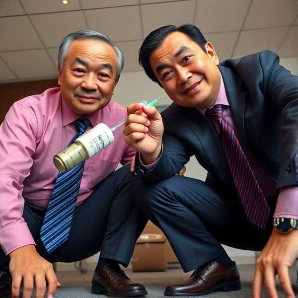 2 Hommes d affaire senior japonais accroupis avec longue cravate rayée bleuté et rouge    , il regarde la caméra et domine en piquant avec une seringue sa tête hors champ de vision 
Vue contre plongée
Chemises rose foncée 
Sourire léger