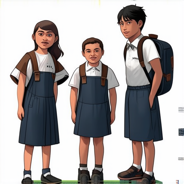 bâtiment d'une école primaire traditionnelle avec cours de récréation, enfants noirs en uniforme scolaire chemise blanche et pantalons bleu marine avec des cartables