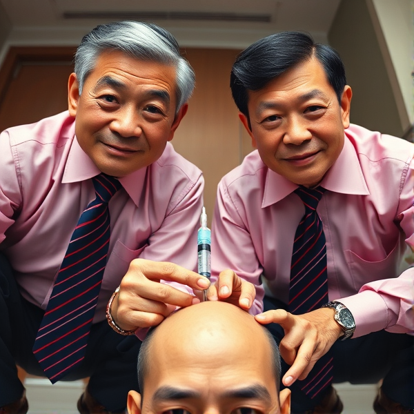 Deux hommes d'affaires chinois  âgés, , sont accroupis en avec des cravates élégantes à rayures bleues et rouges. Ils fixent la caméra avec confiance, une expression sérieuse sur leur visage, tout en tenant fermement une seringue plantee dans une tête non visible dans le cadre. La photographie est prise en contre-plongée pour mettre en évidence leur posture imposante. Leurs chemises sont d'une teinte rose  et ils affichent un sourire contraint qui trahit une certaine froideur.