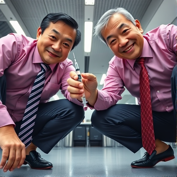 2 Hommes d affaire senior japonais accroupis avec longue cravate rayée bleuté et rouge    , il regarde la caméra et domine en piquant avec une seringue sa tête hors champ de vision 
Vue contre plongée
Chemises rose foncée 
Sourire léger
