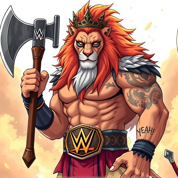 Un lion barbare dieux du soleil, il tien une hache dans la main, avec des poils de lion et une couronne et une carrure imposante et sans collier et avec la ceinture de la wwe le catcheur et ces lunettes de soleil, il a un tatoo sur le bras écris YEAH!