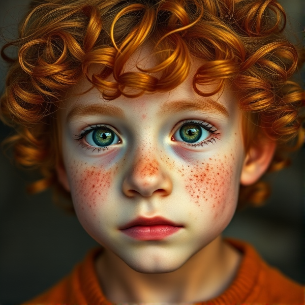 A boy with olive skin, freckles the color of ambers, ginger curly hair, green doe eyes, very round features