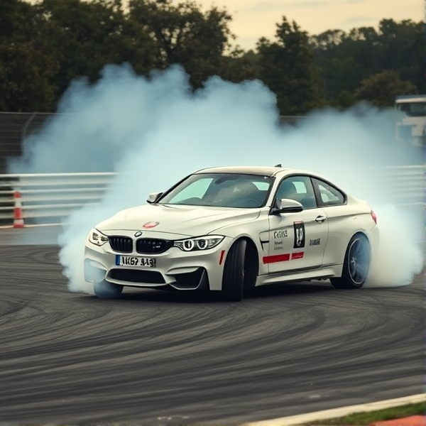 BMW M4 in a dynamic drift on an asphalt track with billowing tire smoke, aggressive stance, high speed action captured, detailed car livery showcasing sponsor logos, racing environment with trackside details like barriers and cones