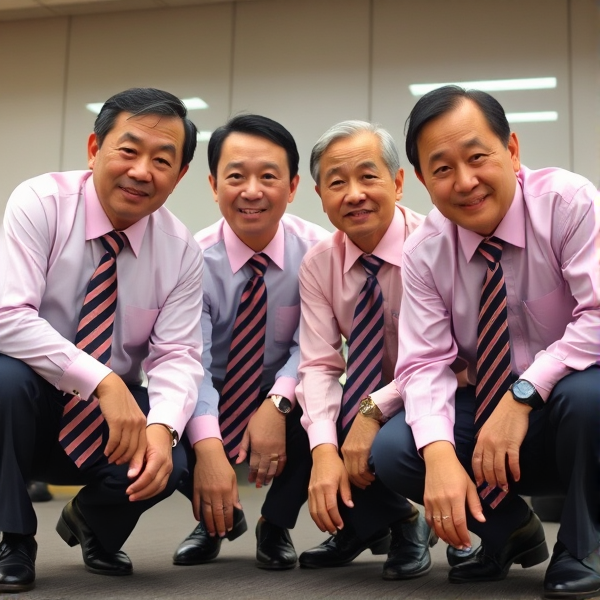 Hommes d affaires japonais senior accroupis en longue cravate lignée large et chemise rose, ils regardent la caméra
