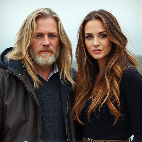 Long blonde haired man and brunette woman couple